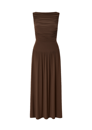 Brown Draped Bodice Jersey Flowy Skirt Style Evening Dress