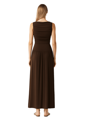 Brown Draped Bodice Jersey Flowy Skirt Style Evening Dress