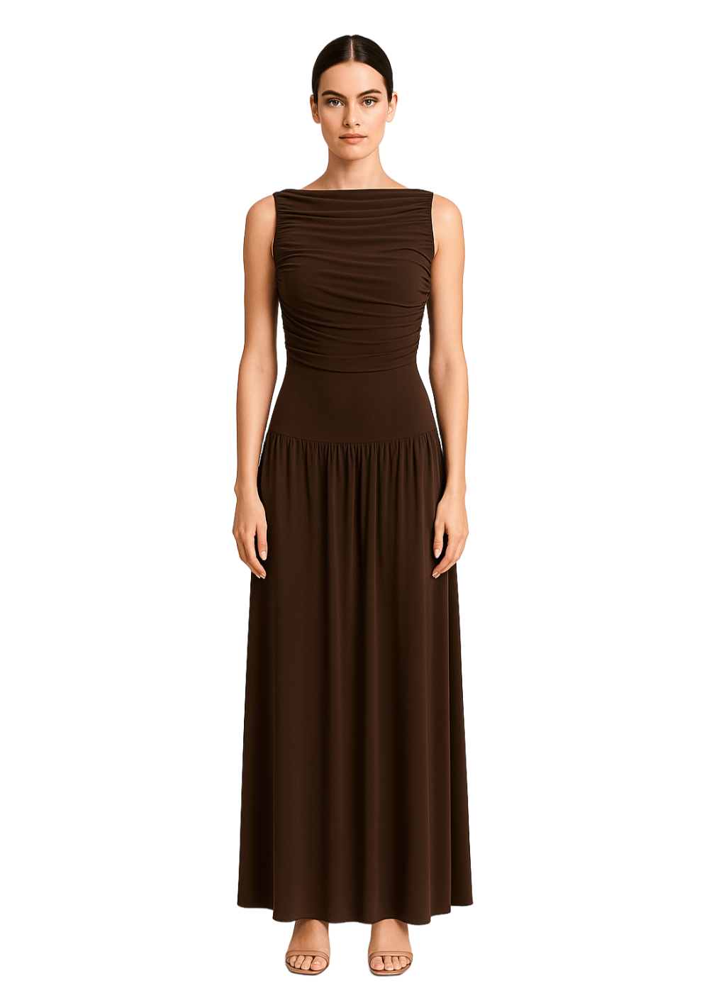 Brown Draped Bodice Jersey Flowy Skirt Style Evening Dress