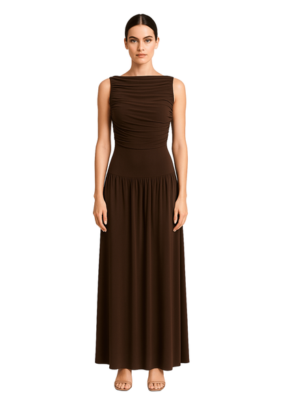 Brown Draped Bodice Jersey Flowy Skirt Style Evening Dress