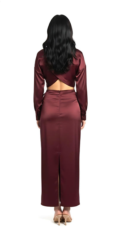 Burgundy Satin Co-Ord Set Ruched Maxi Skirt Cowl Neck Top