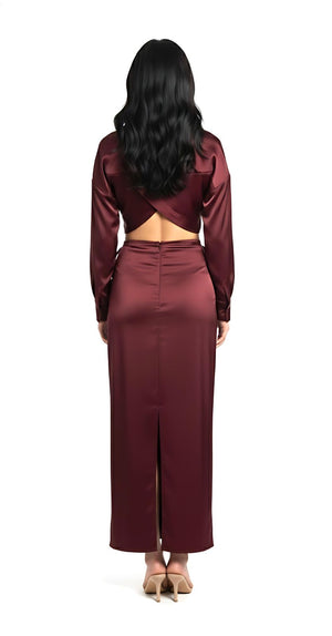 Burgundy Satin Co-Ord Set Ruched Maxi Skirt Cowl Neck Top