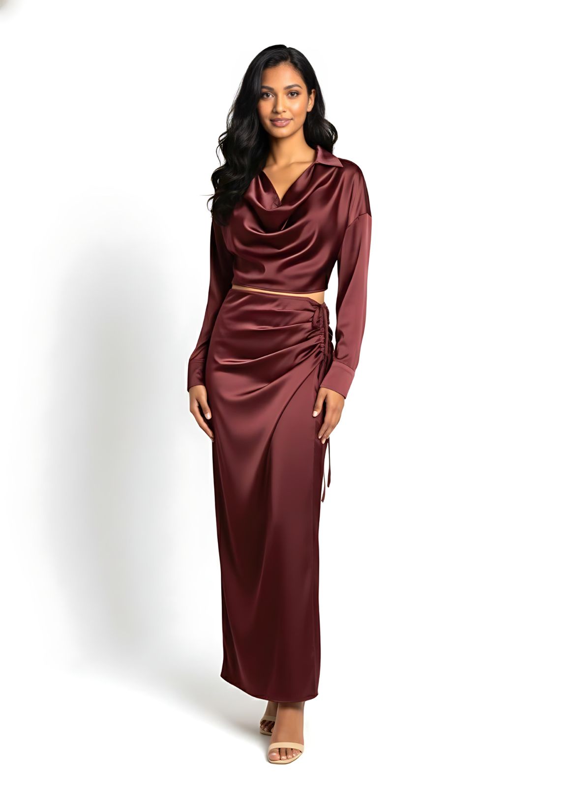Burgundy Satin Co-Ord Set Ruched Maxi Skirt Cowl Neck Top