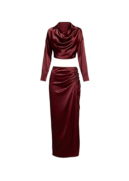 Burgundy Satin Co-Ord Set Ruched Maxi Skirt Cowl Neck Top