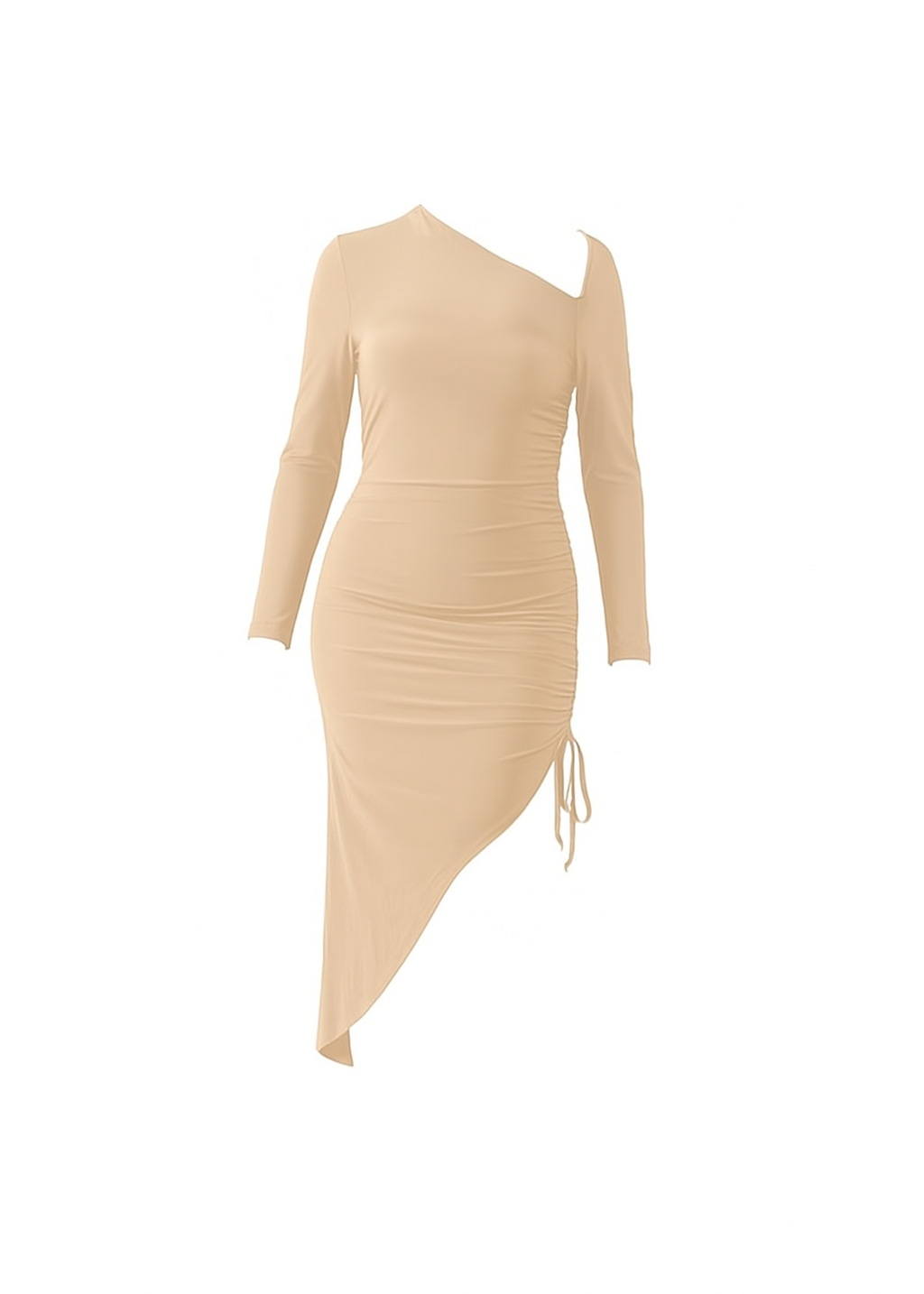 Nude One-Shoulder Asymmetrical Ruched Midi Bodycon Dress