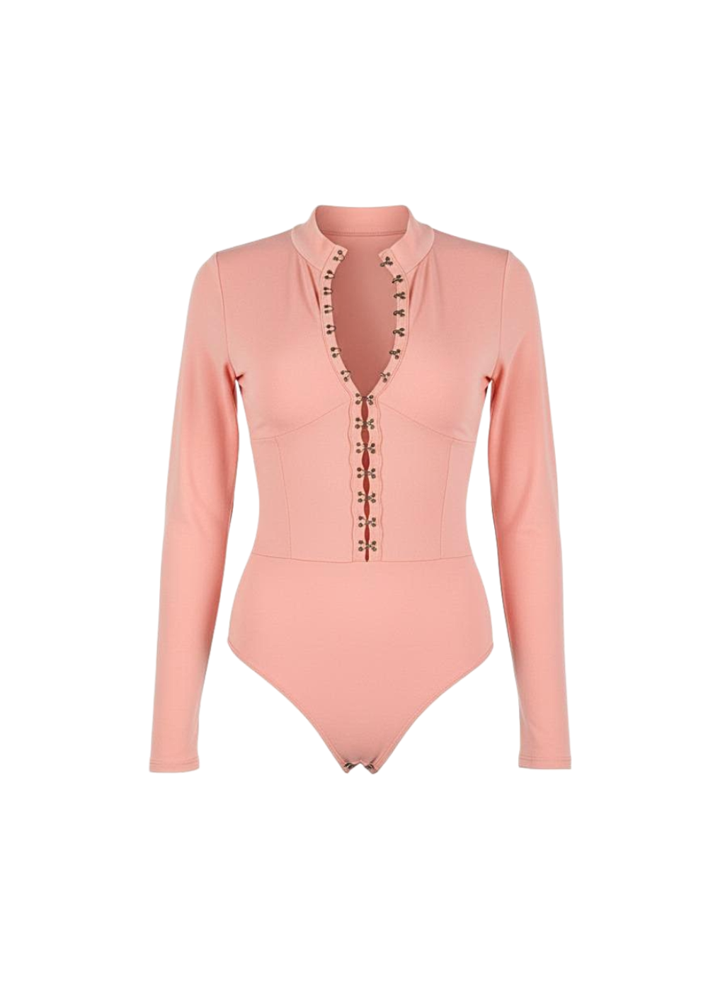 Coral Pink High Neck Long Sleeve Hook and Eye Bodysuit
