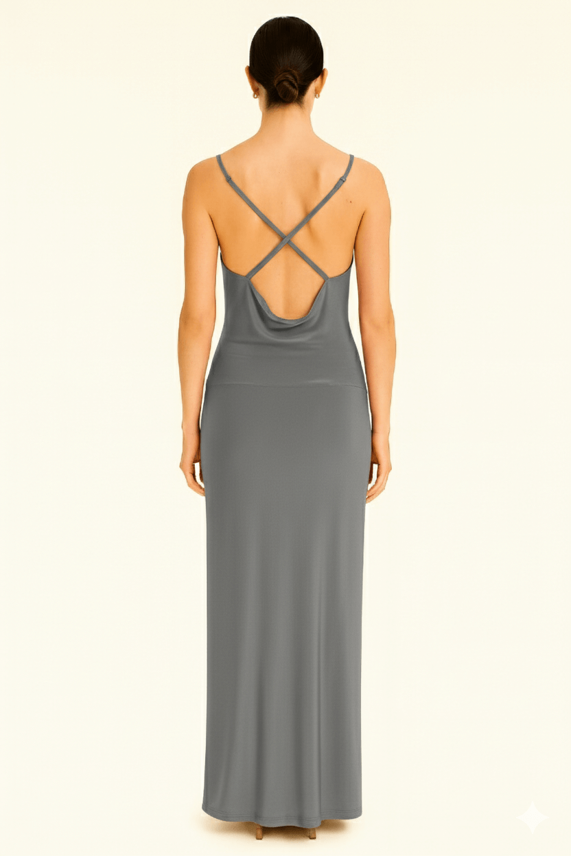 Grey Cowl Neckline Figure-Flattering Spaghetti Strap Dress