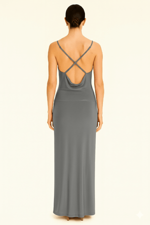 Grey Cowl Neckline Figure-Flattering Spaghetti Strap Dress