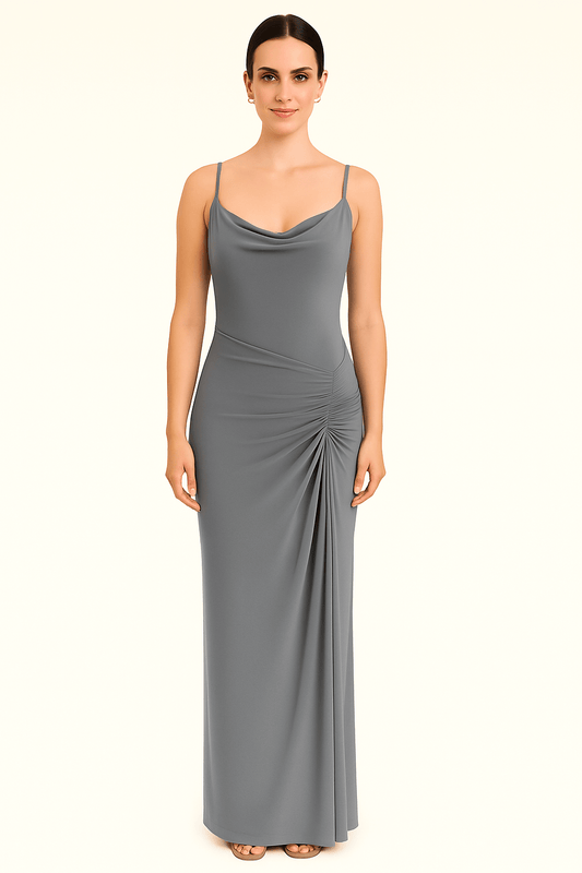 Grey Cowl Neckline Figure-Flattering Spaghetti Strap Dress