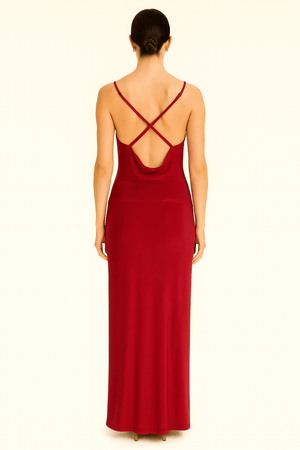 Wine Cowl Neckline Figure-Flattering Spaghetti Strap Dress