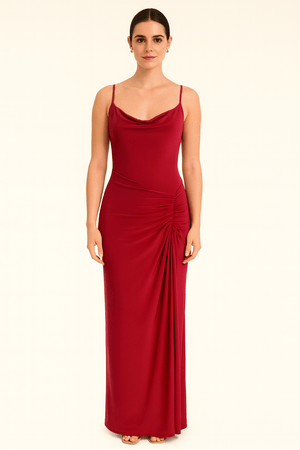 Wine Cowl Neckline Figure-Flattering Spaghetti Strap Dress