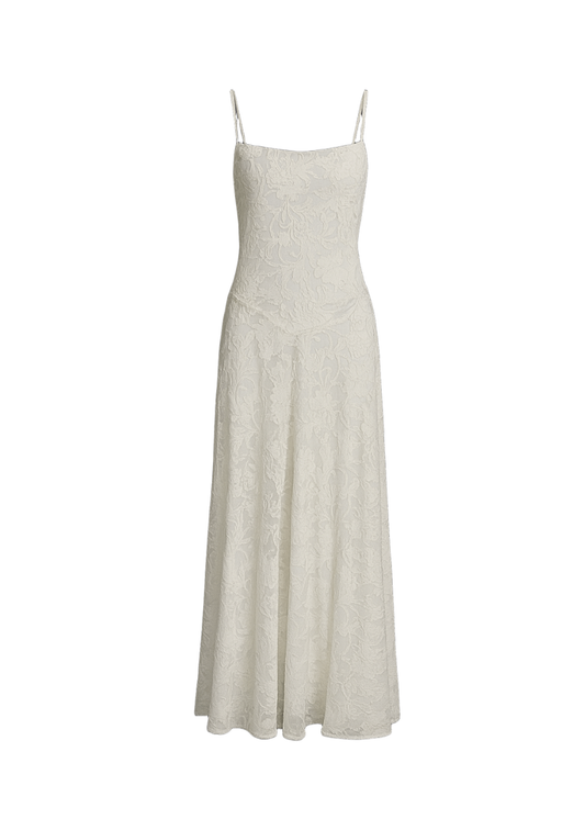 Cream A-Line Jacquard Thin Adjustable Straps Maxi Dress