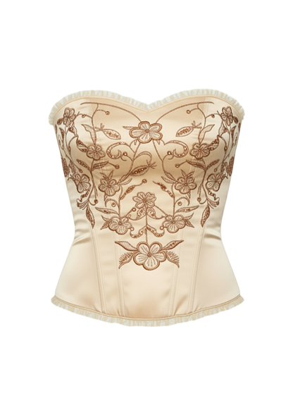 Cream Floral Embroidered Satin Bustier Corset Top