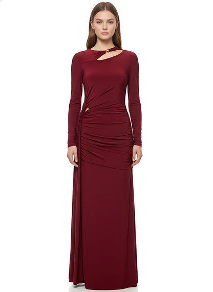 Burgundy Cut Out Detail Ruched Bodycon Maxi Dress