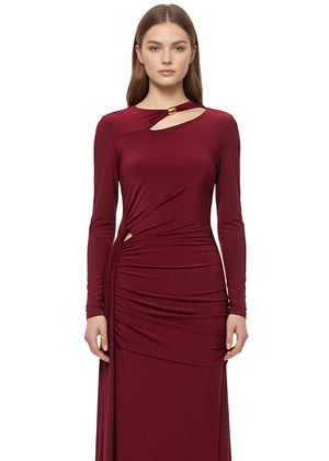 Burgundy Cut Out Detail Ruched Bodycon Maxi Dress