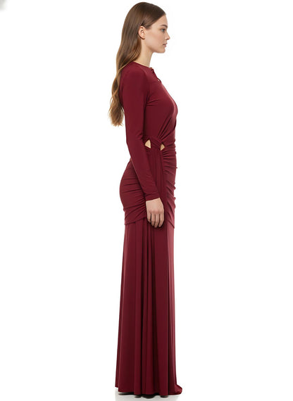 Burgundy Cut Out Detail Ruched Bodycon Maxi Dress