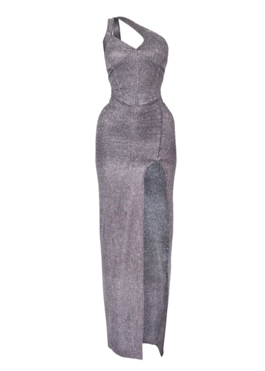 Silver Textured One Shoulder Cut-out High Slit Maxi Dress