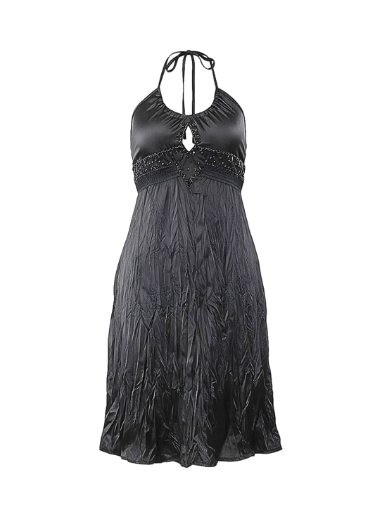 Black Satin Embellished Crinkle Halter Neck Midi Dress