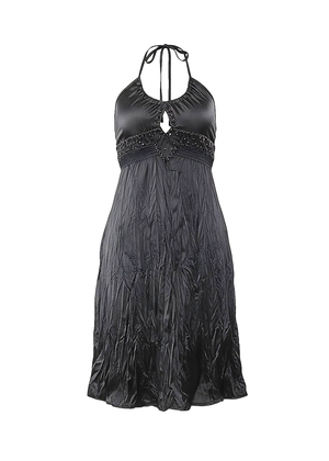 Black Satin Embellished Crinkle Halter Neck Midi Dress