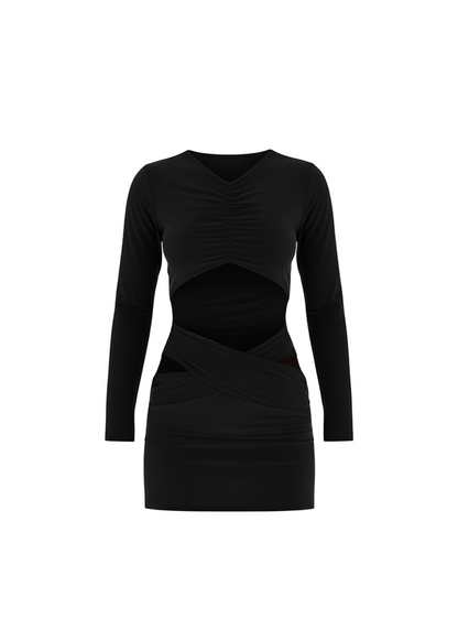 Avinci figure-hugging cut-out long sleeve mini dress front view black color