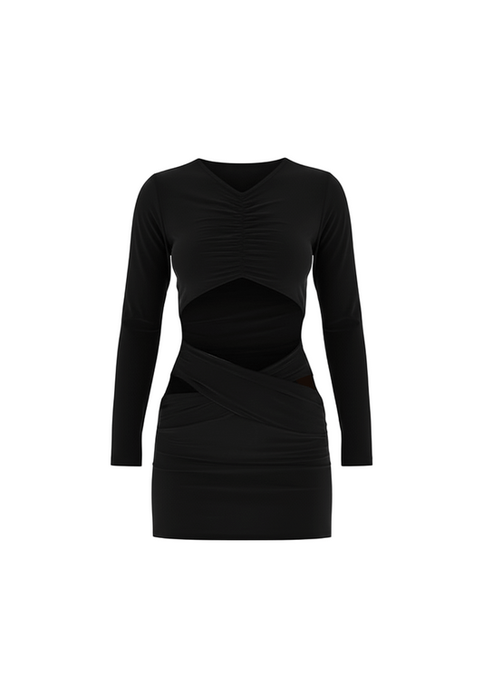 Avinci figure-hugging cut-out long sleeve mini dress front view black color