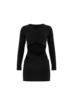 Avinci figure-hugging cut-out long sleeve mini dress front view black color