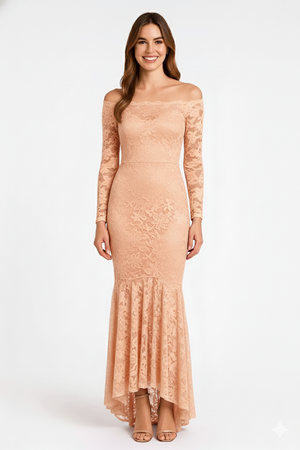 Stone Floral Bodycon Lace Off-Shoulder Maxi Dress