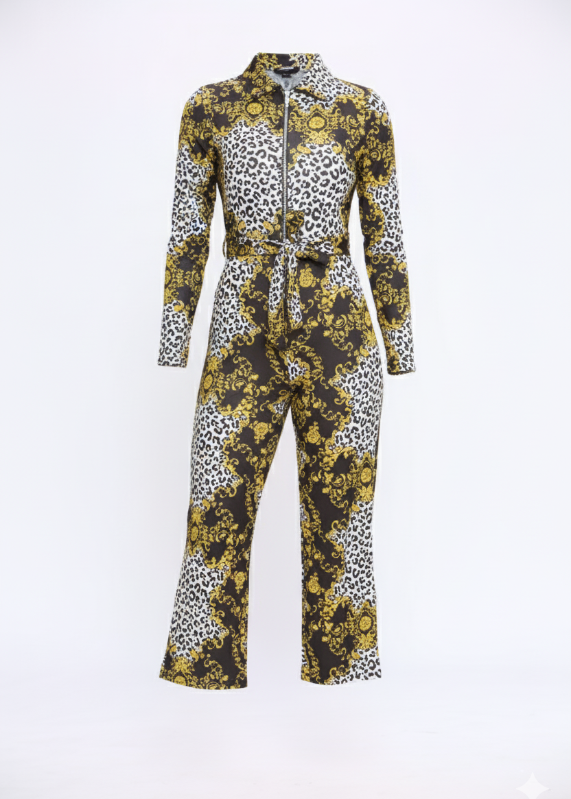 Wide Leg Fit Statement Chain Print Long Sleeve Jumpsuit