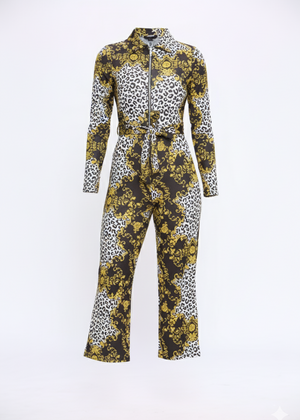 Wide Leg Fit Statement Chain Print Long Sleeve Jumpsuit