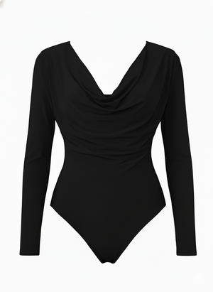 Draped Cowl Neck Slim Fit Long Sleeve Bodysuit
