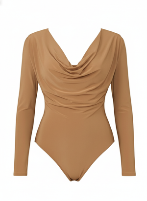 Draped Cowl Neck Slim Fit Long Sleeve Bodysuit