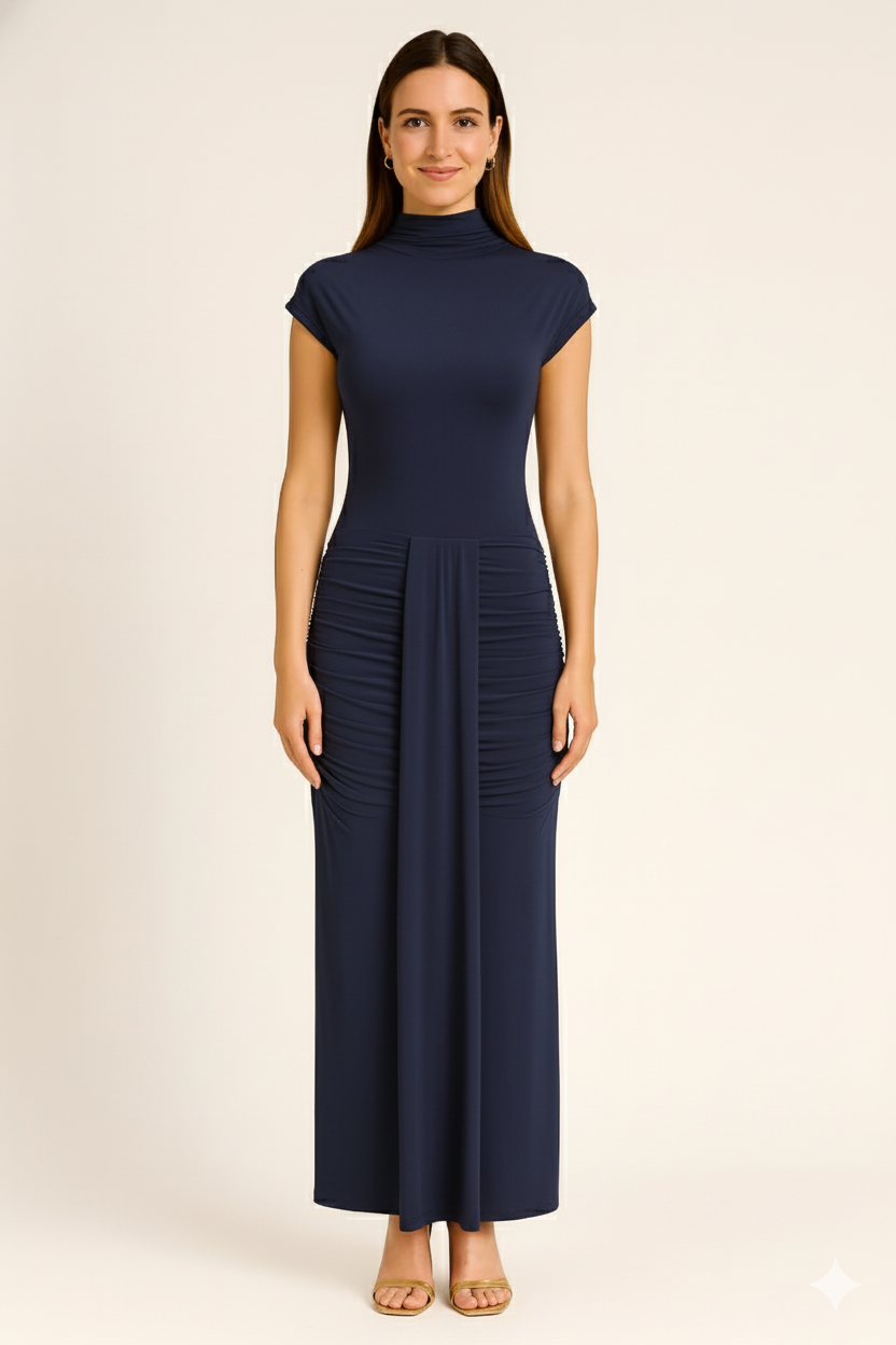 Navy Cap Sleeve Jersey Ruched Waist Maxi Style Evening Gown