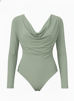 Draped Cowl Neck Slim Fit Long Sleeve Bodysuit