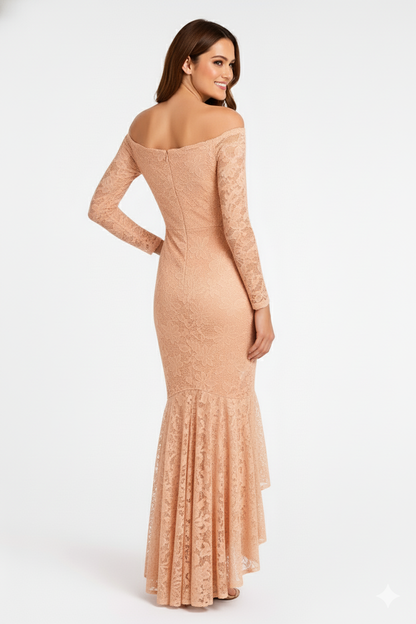 Stone Floral Bodycon Lace Off-Shoulder Maxi Dress