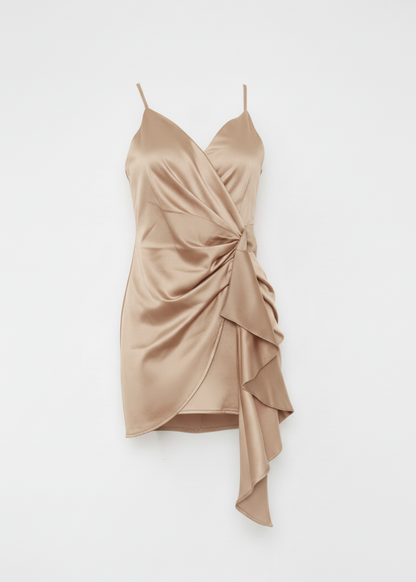 Satin Wrap Mini Dress Ruched Waist