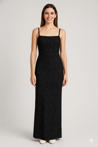 Black Thin Adjustable Straps Jacquard Bodycon Formal Evening Maxi Dress