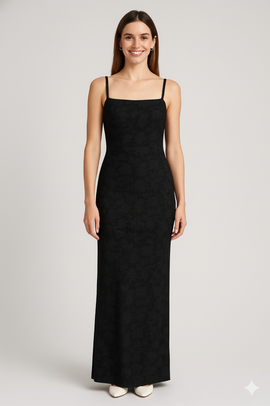 Black Thin Adjustable Straps Jacquard Bodycon Formal Evening Maxi Dress