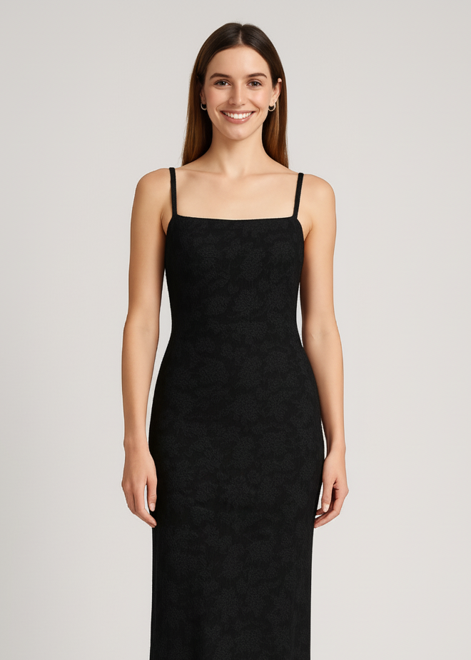 Black Thin Adjustable Straps Jacquard Bodycon Formal Evening Maxi Dress