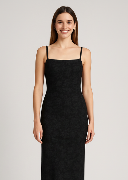 Black Thin Adjustable Straps Jacquard Bodycon Formal Evening Maxi Dress