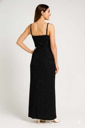 Black Thin Adjustable Straps Jacquard Bodycon Formal Evening Maxi Dress