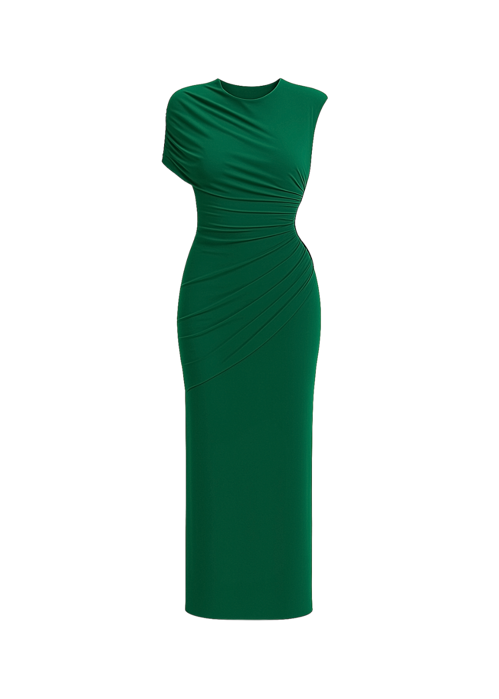Green Draped Slim Fit Jersey Asymmetric Maxi Dress
