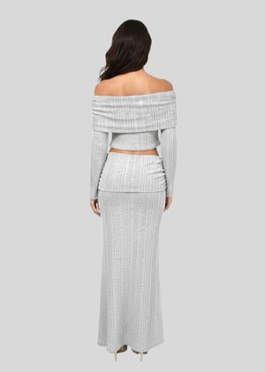 Grey Off-Shoulder Melange Brush Knitted Co-ord Set