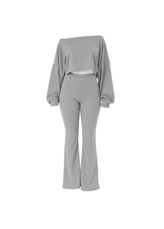 Grey Ribbed Two-Piece Off-the-Shoulder Crop Top Wide Leg Trouser Set