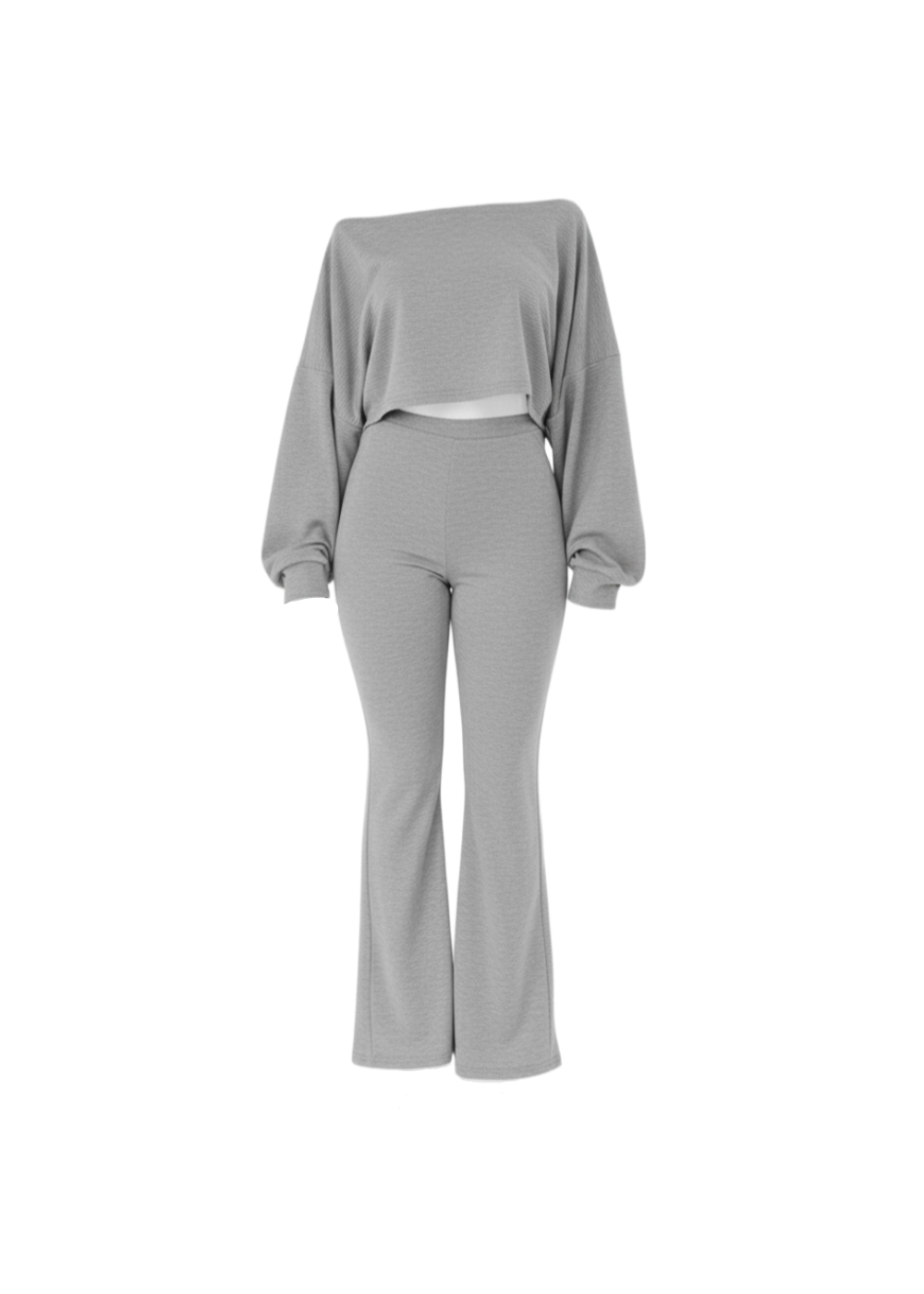 Grey Ribbed Two-Piece Off-the-Shoulder Crop Top Wide Leg Trouser Set