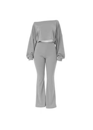 Grey Ribbed Two-Piece Off-the-Shoulder Crop Top Wide Leg Trouser Set