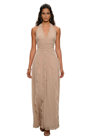 Nude Halter Neck Chiffon Ruffle Flowy Maxi Dress