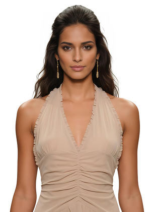 Nude Halter Neck Chiffon Ruffle Flowy Maxi Dress