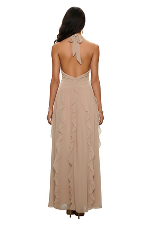 Nude Halter Neck Chiffon Ruffle Flowy Maxi Dress