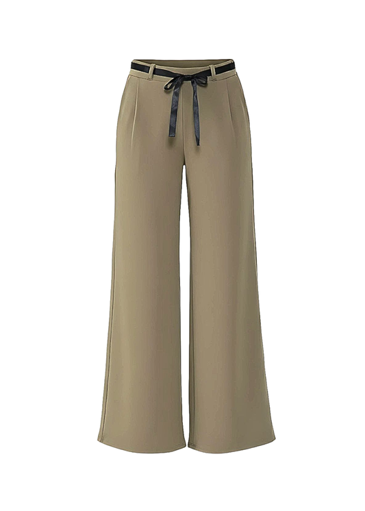 Khaki Chic Belted Wide Leg Crepe Trousers