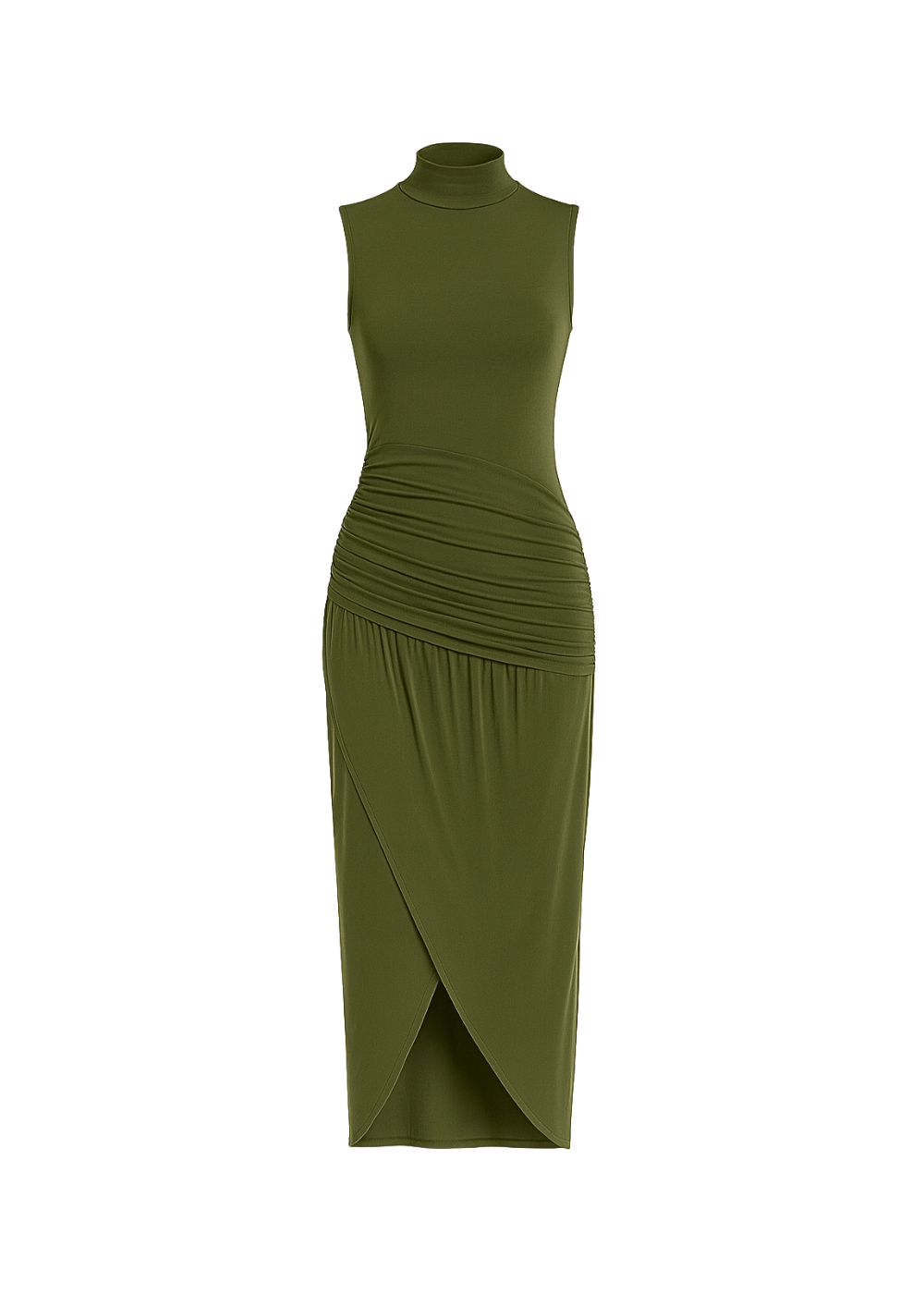 Khaki Ruched Slim Fit Jersey Sleeveless Midi Dress